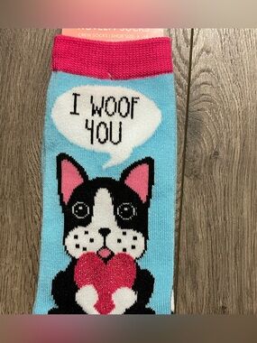 Novelty "I Woof You" Blue & Pink Dog Crew Socks